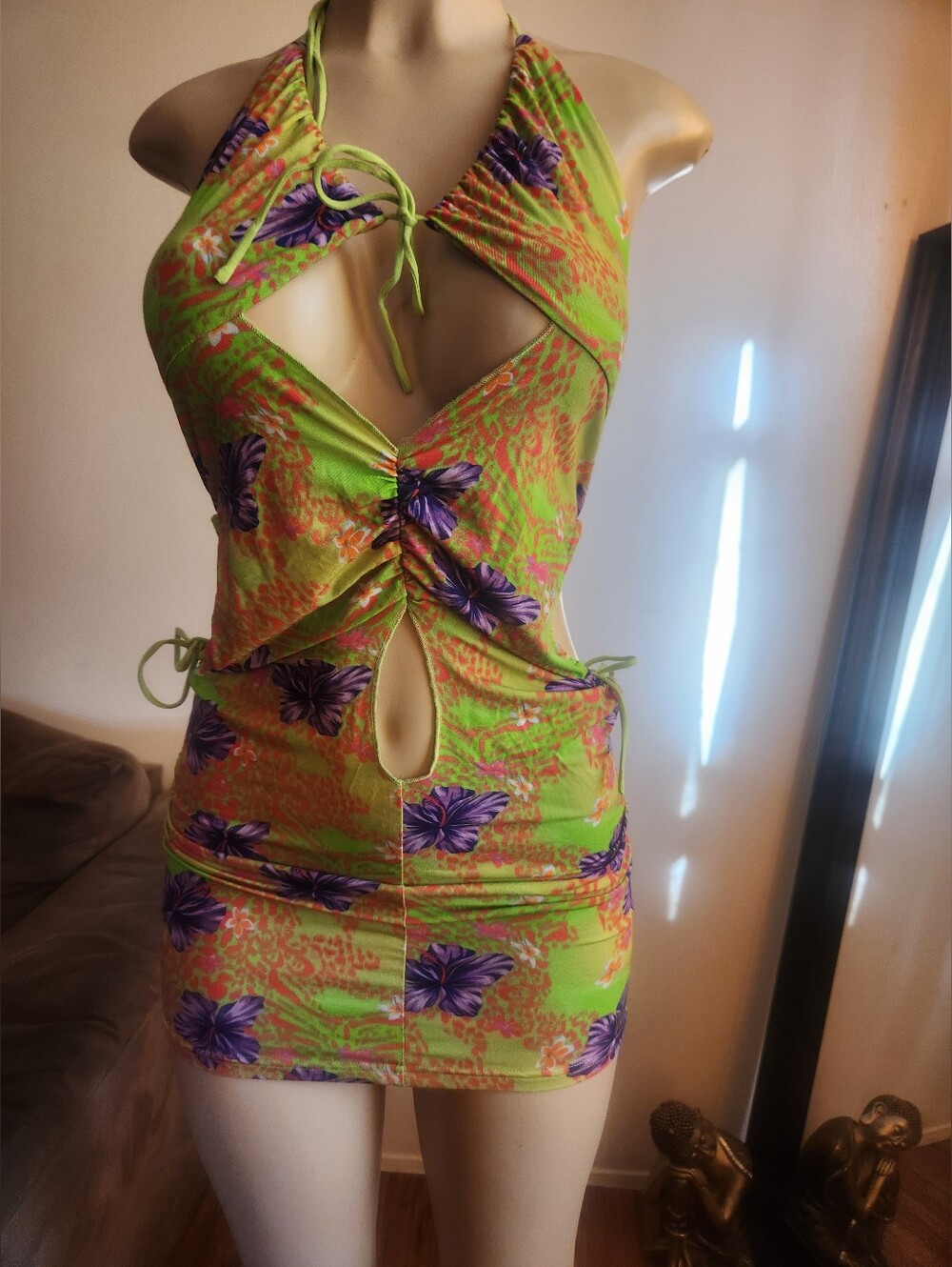 I.AM.GIA Lime Green Floral Cutout Halter Mini Dress